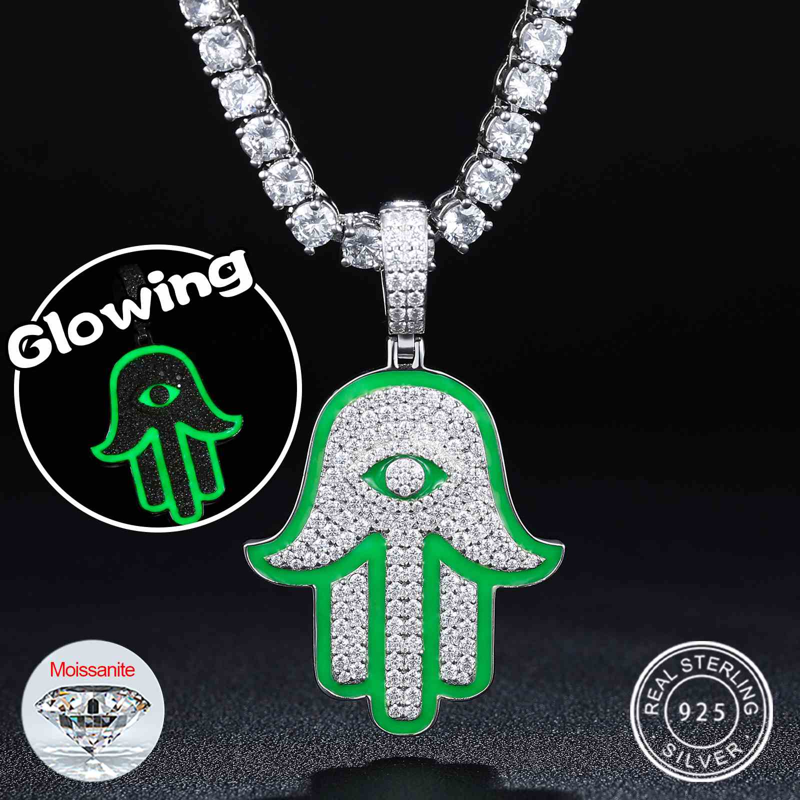 Glowing Evil Eye Hamsa Hand Pendant