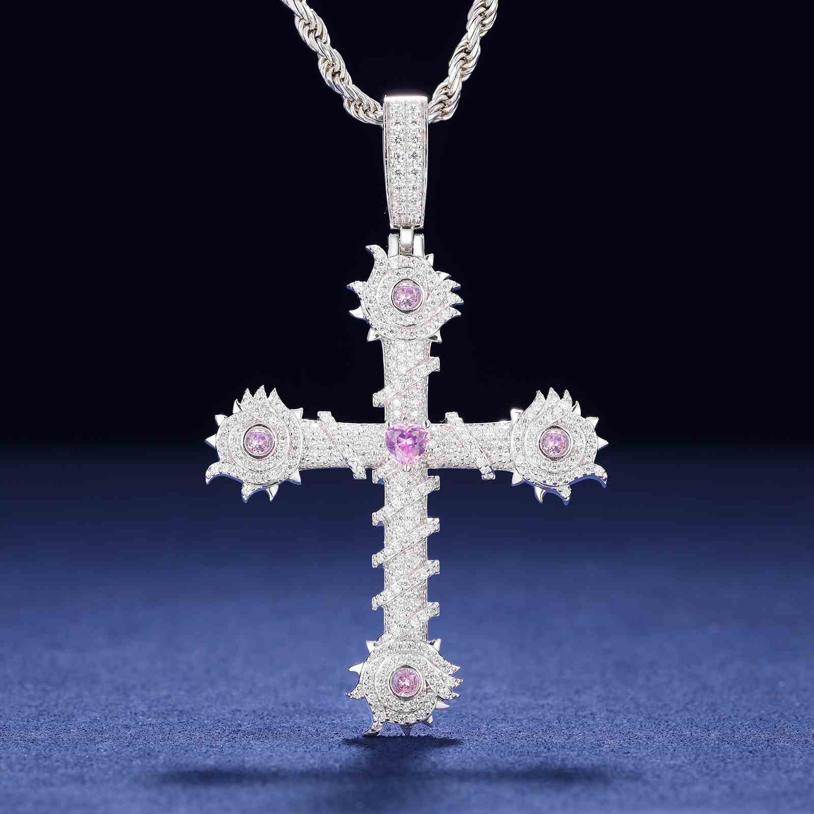 White Moissanite Pink CZ Thorns Cross Pendant