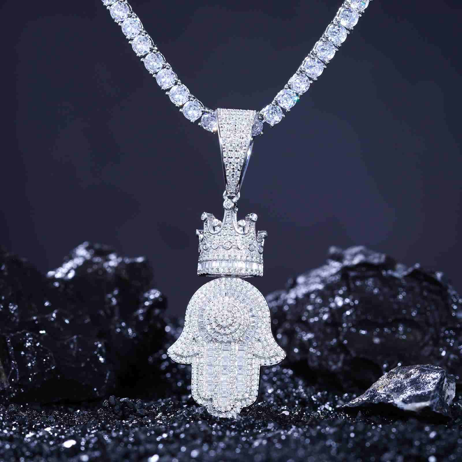 Baguette Hamsa Hand Pendant With Crown