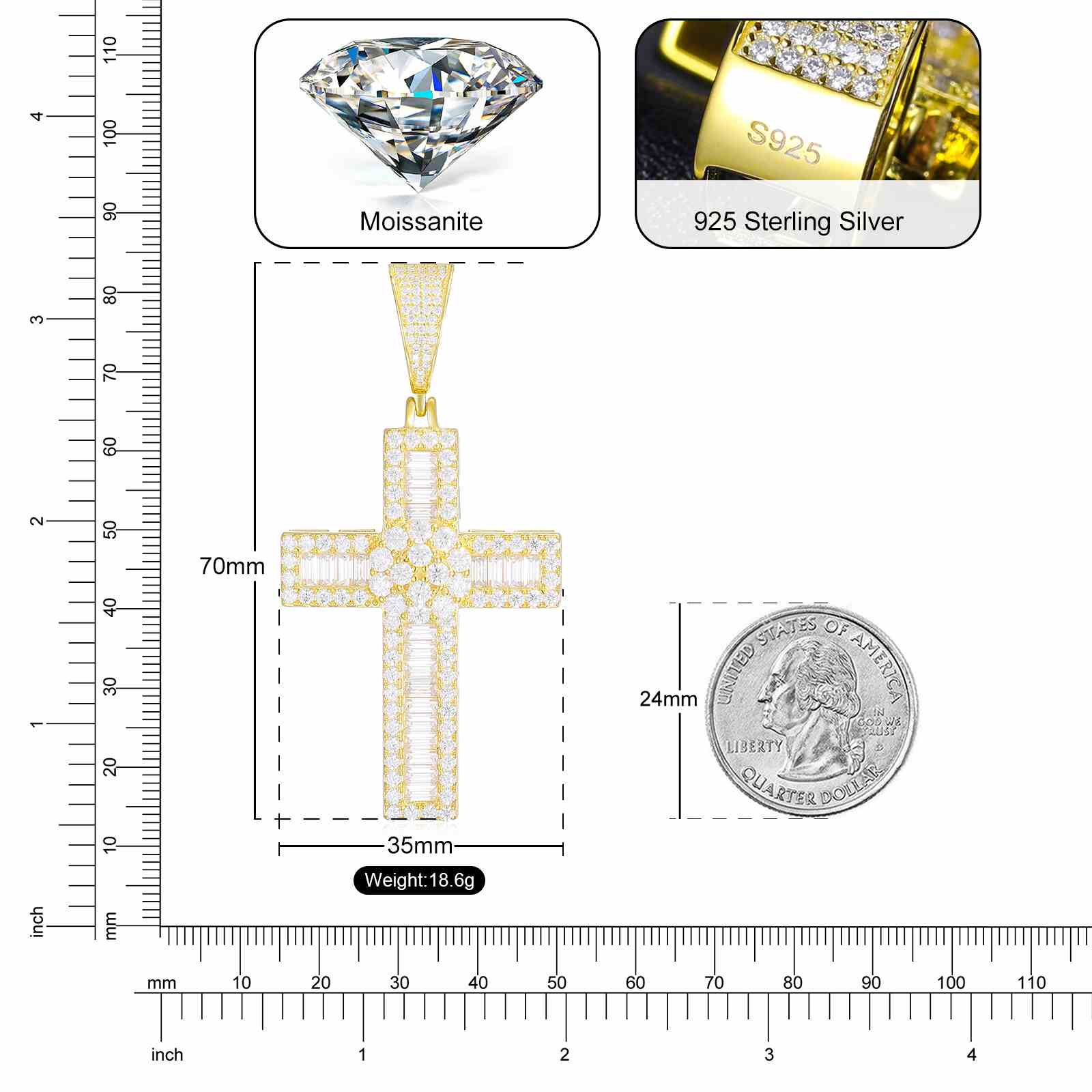 Flower Baguette Cross Pendant