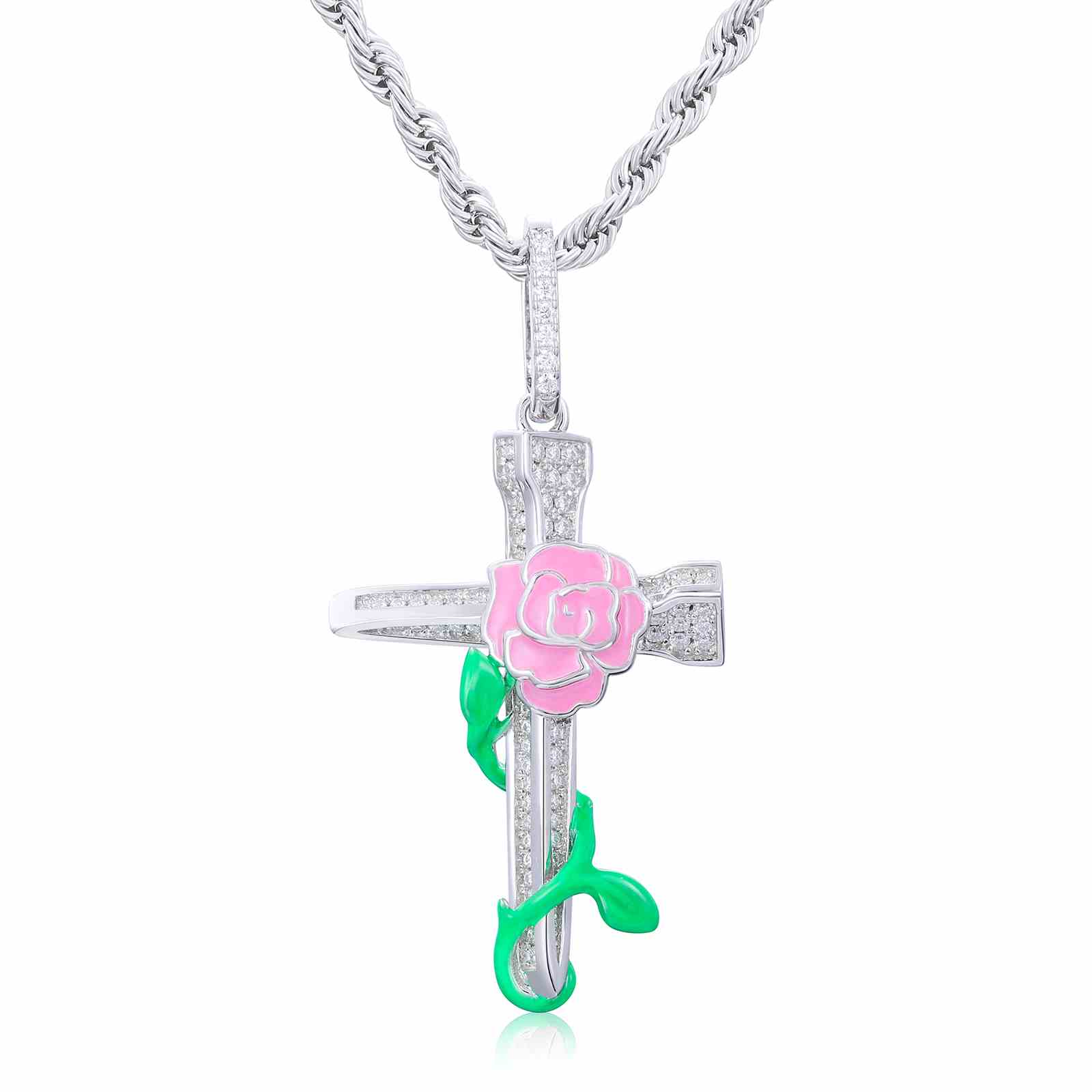 Glow In The Dark Rose Flower Cross Pendant