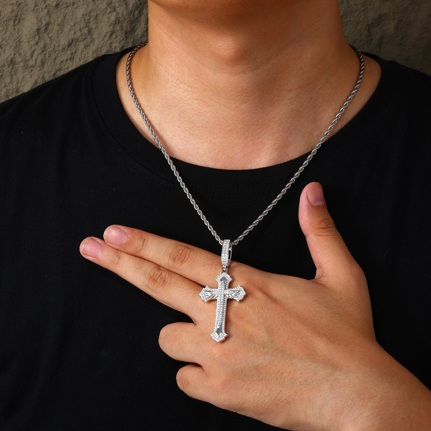 925 Silver Moissanite Feather Cross Pendant for Men TQP0681