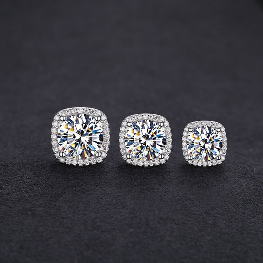 925 Silver Moissanite Square Cushion Halo Stud Earrings TQE0207
