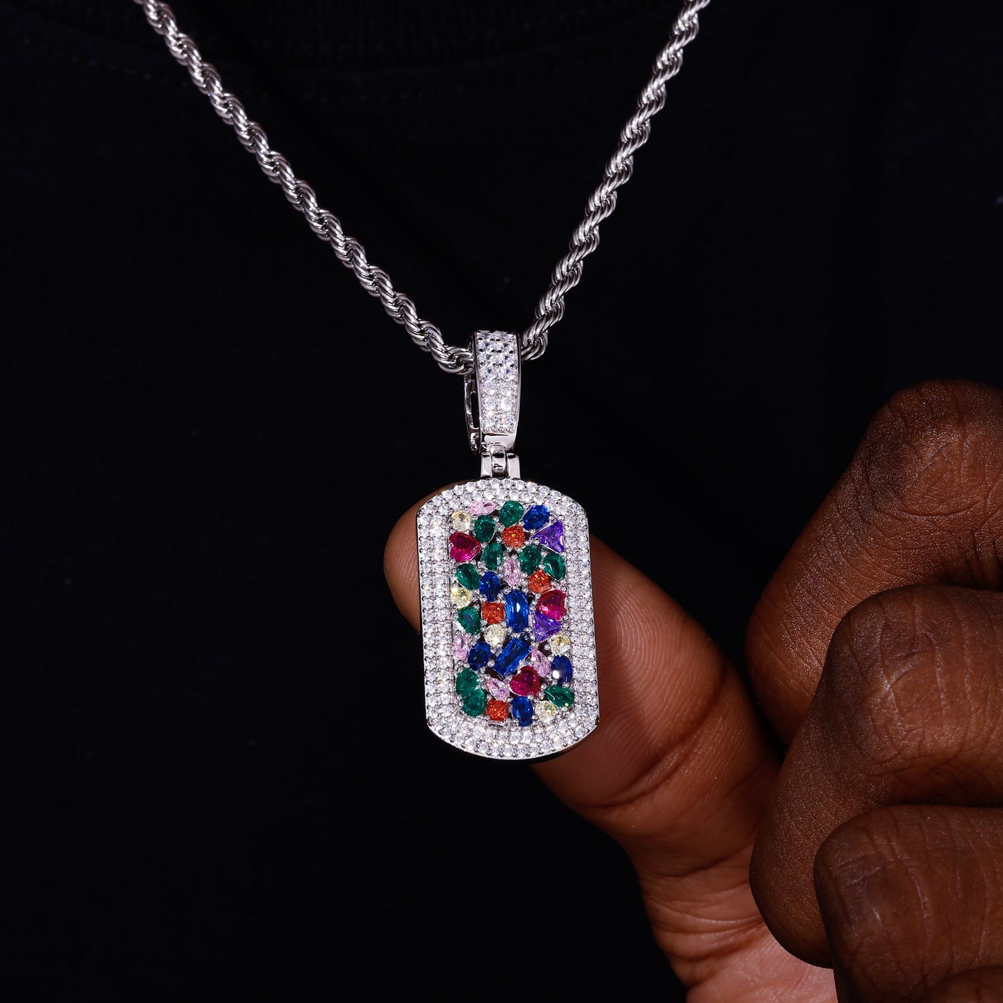 925 Silver Moissanite Multicolor Gem Plaque Pendant TQP0797