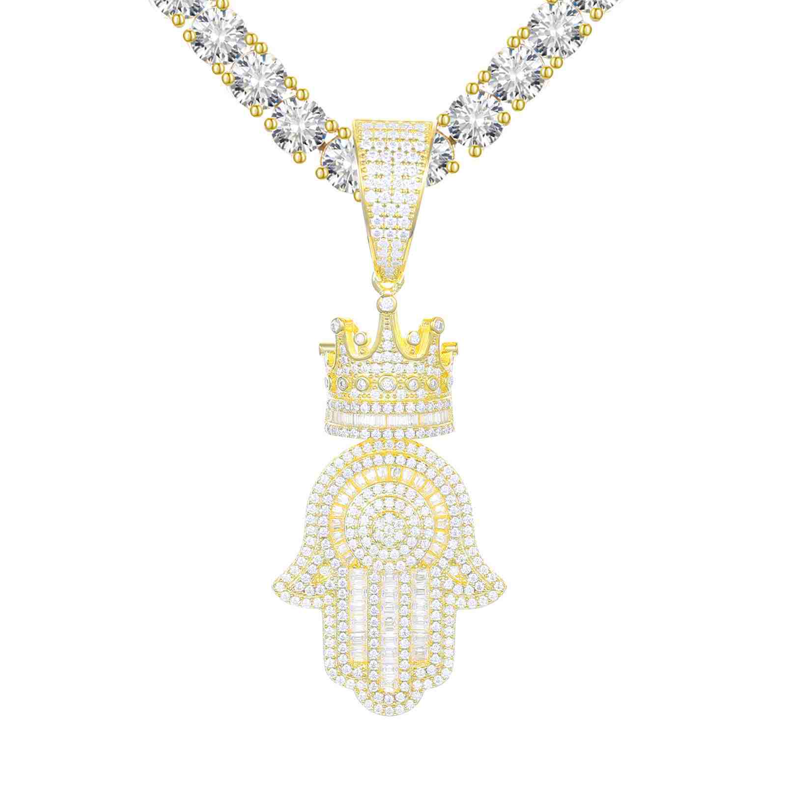 Baguette Hamsa Hand Pendant With Crown