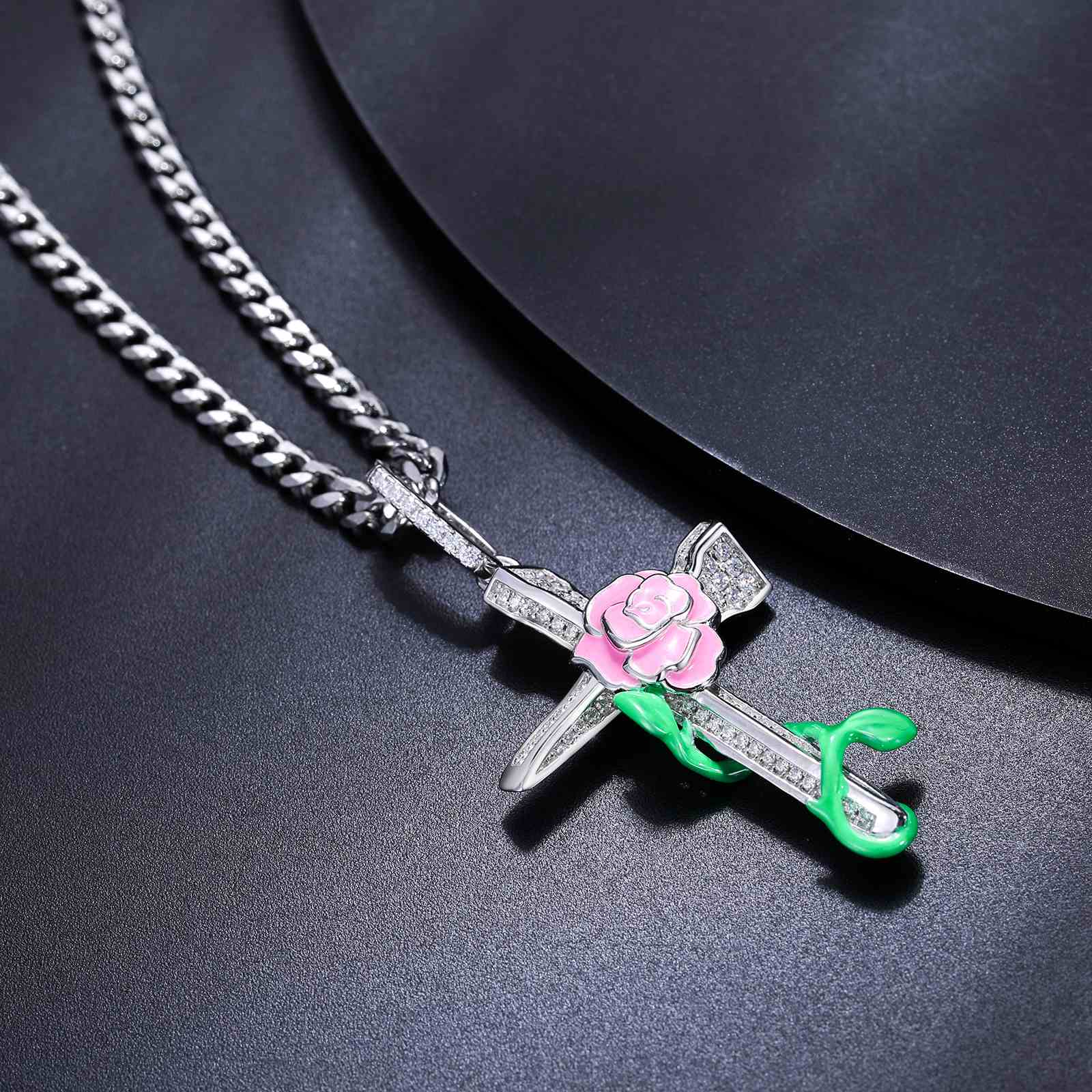 Glow In The Dark Rose Flower Cross Pendant