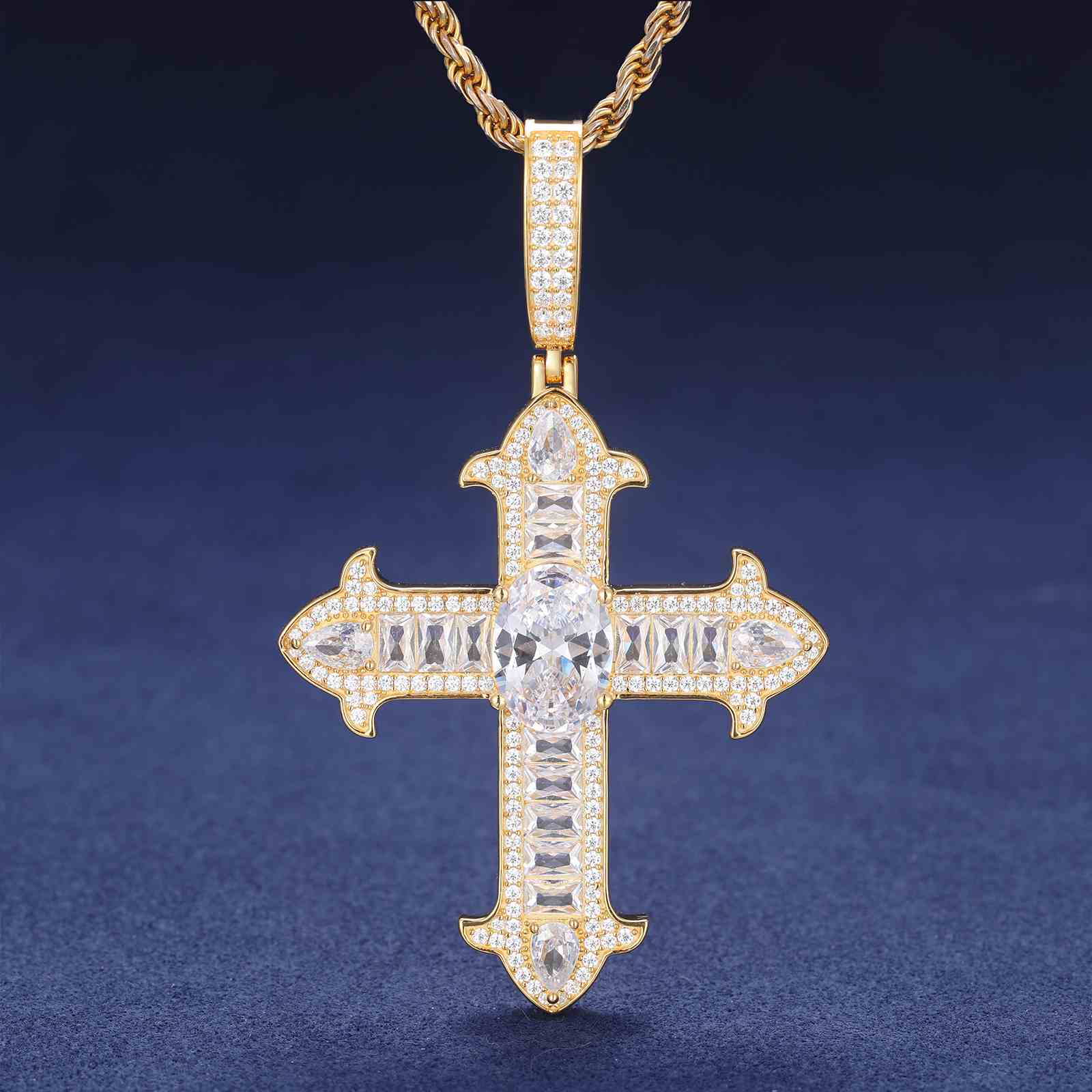 Oval Cut Baguette Iris Cross Pendant