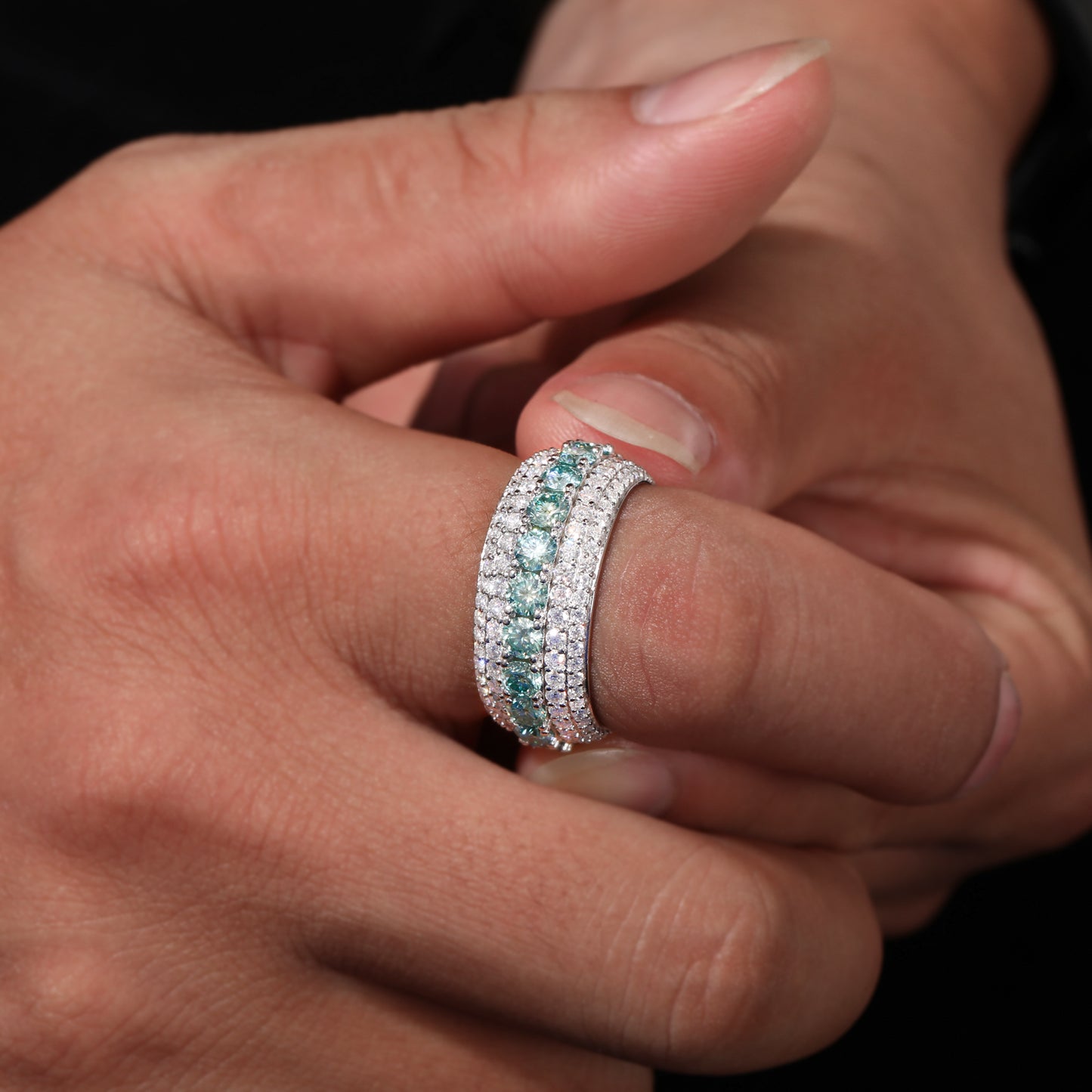 925 Silver Moissanite Blue Green Eternity Band Ring TQR0424