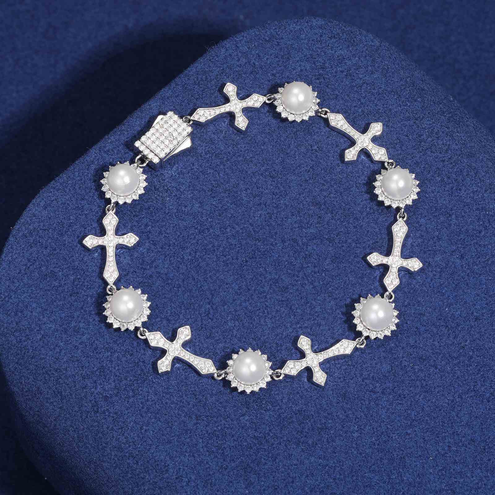 12mm Pearl Flower Cross Link Bracelet