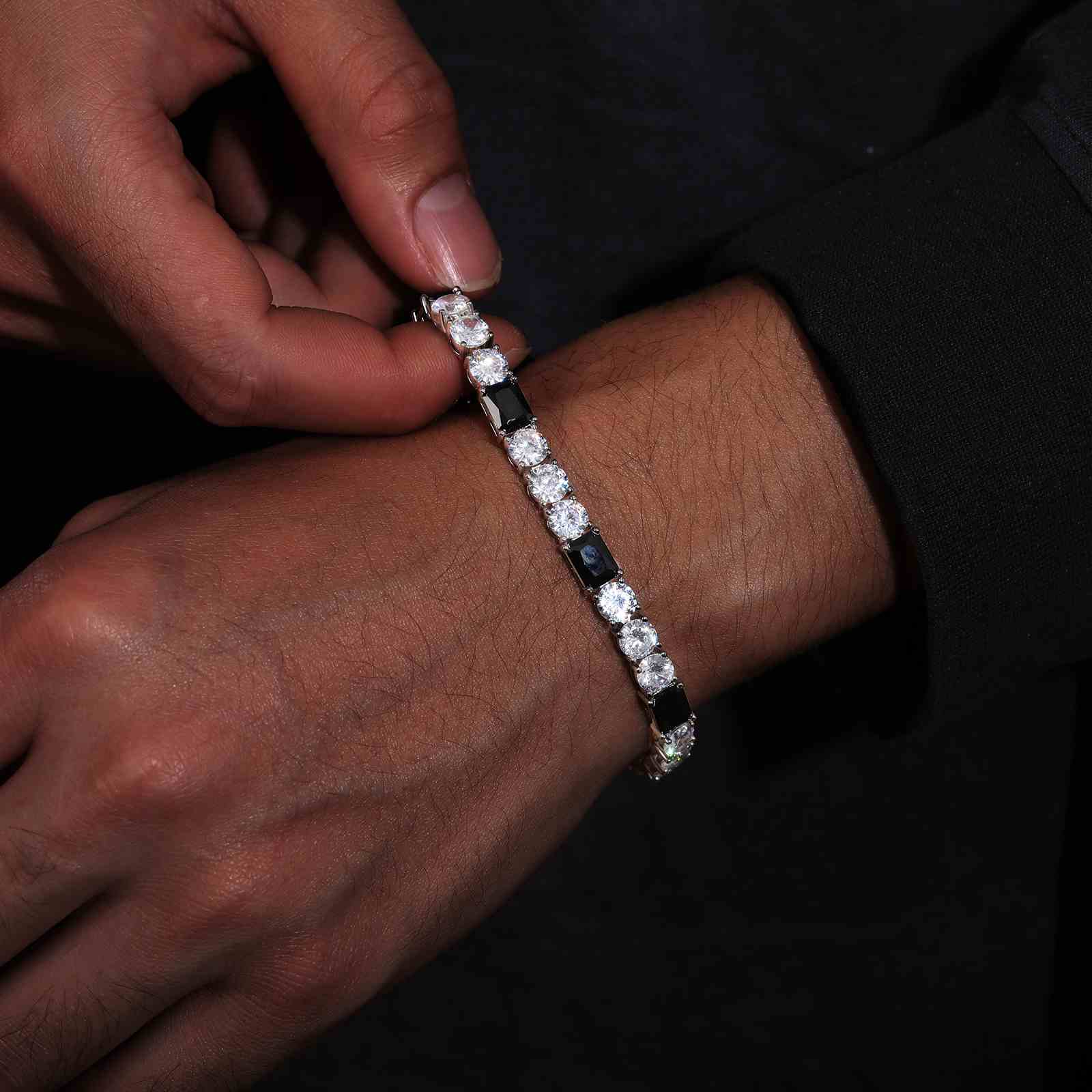 White Moissanite Mix Black CZ Cluster Tennis Bracelet
