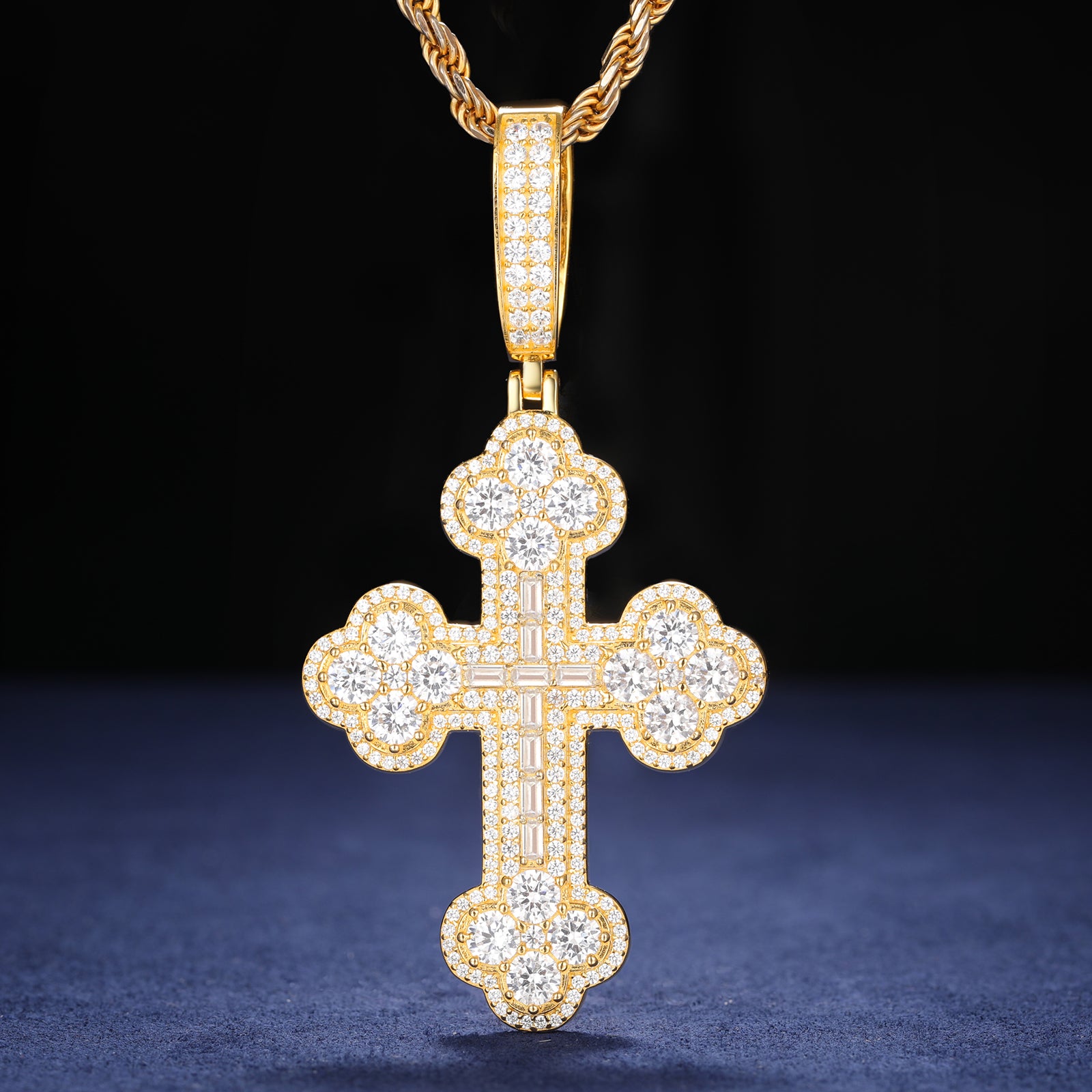 S925 Baguette Moissanite Iris Cross Pendant
