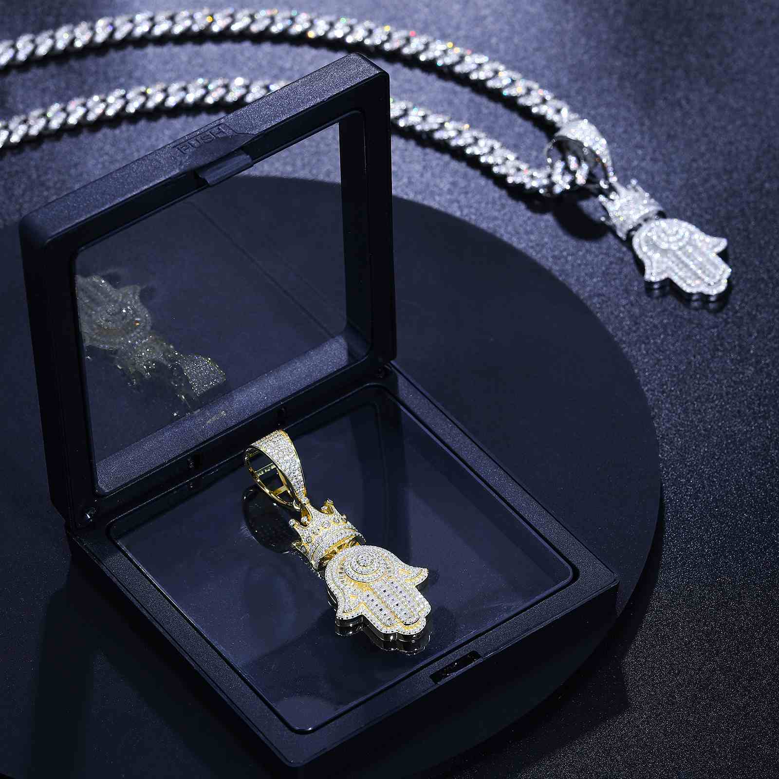 Baguette Hamsa Hand Pendant With Crown