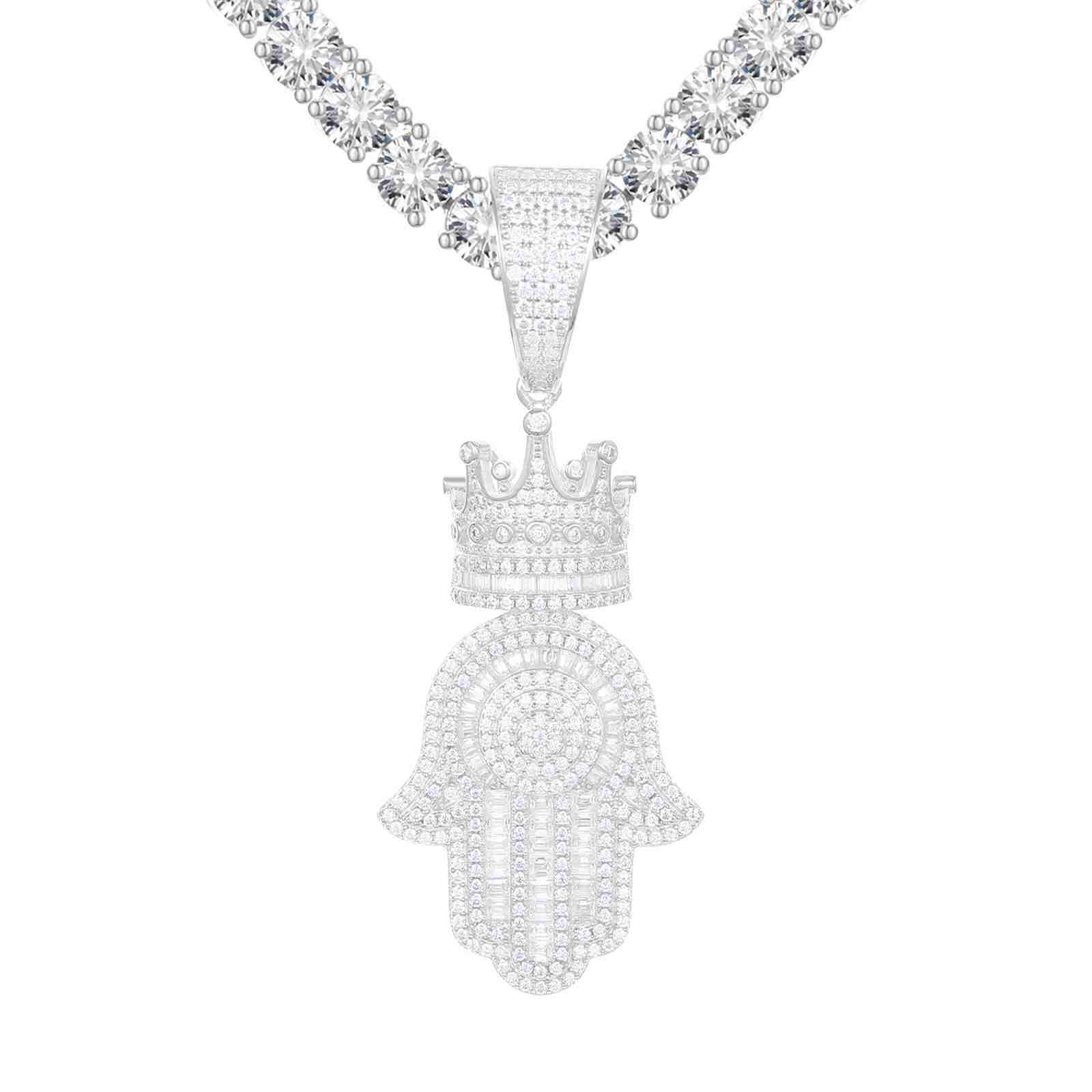 Baguette Hamsa Hand Pendant With Crown