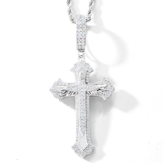 925 Silver Moissanite Feather Cross Pendant for Men TQP0681