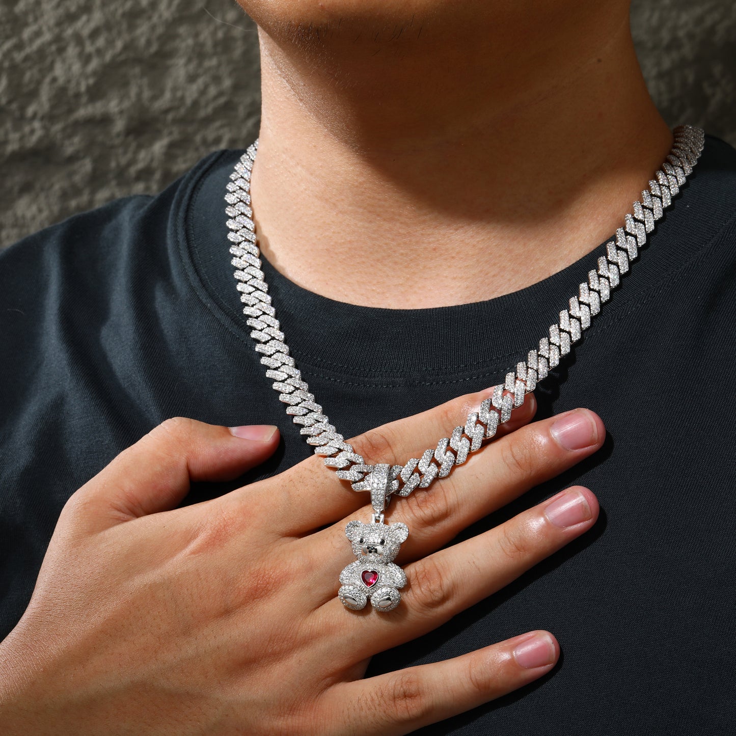 925 Silver Moissanite Heart Bear Pendant for Men TQP0696