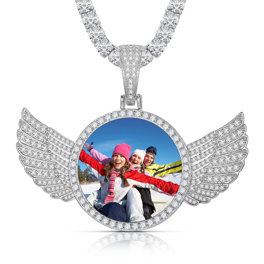 925 Silver Moissanite Angel Wing Custom Photo Pendant TQP0144