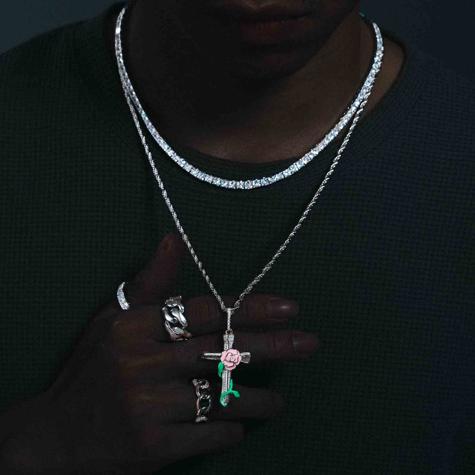 Glow In The Dark Rose Flower Cross Pendant