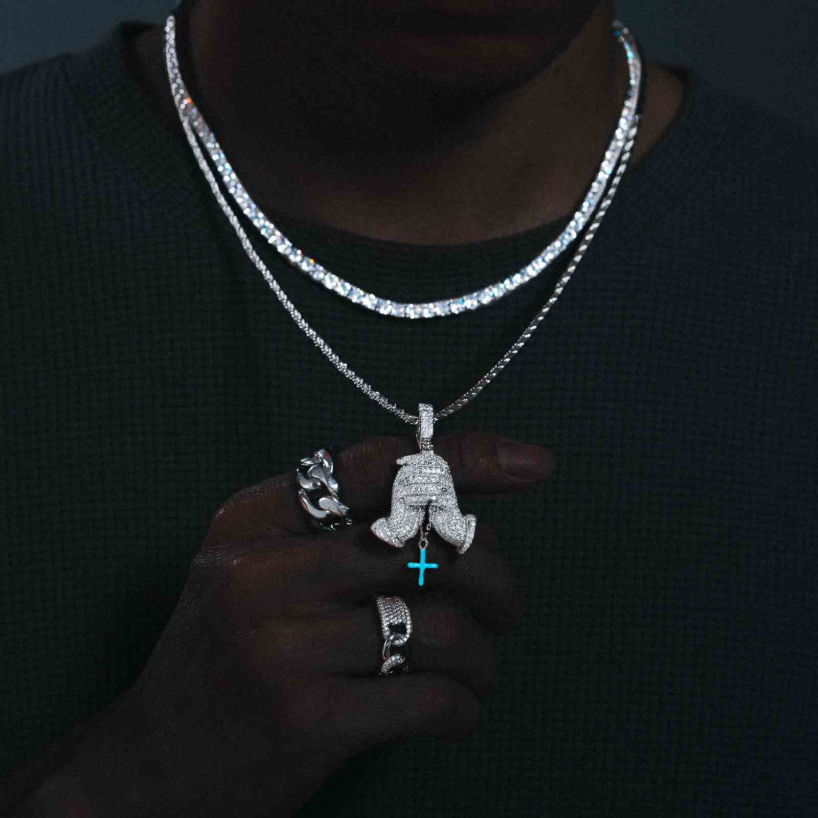 Pray Hand Pendant With Glowing Cross Charm