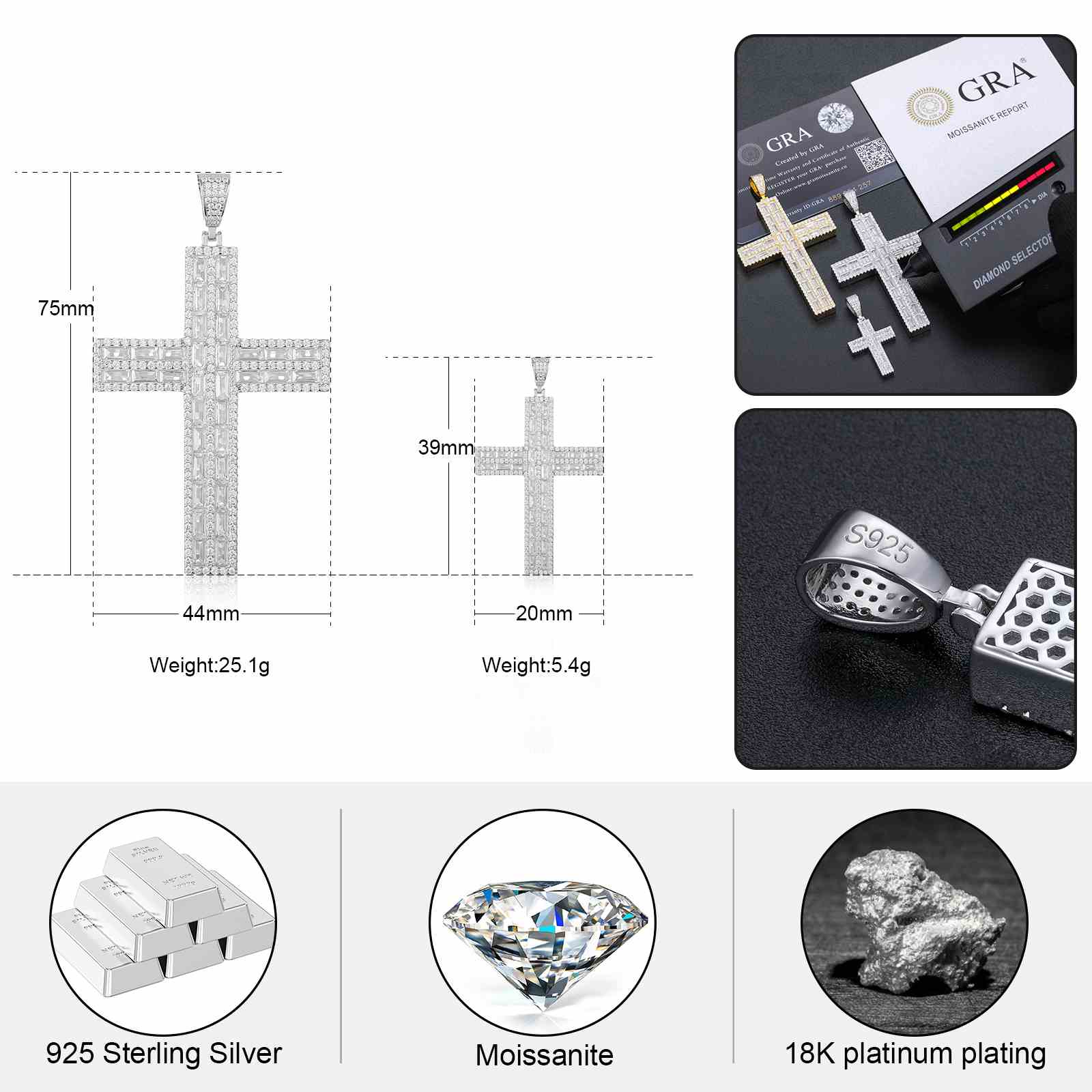 5 Rows Baguette Cross Pendant