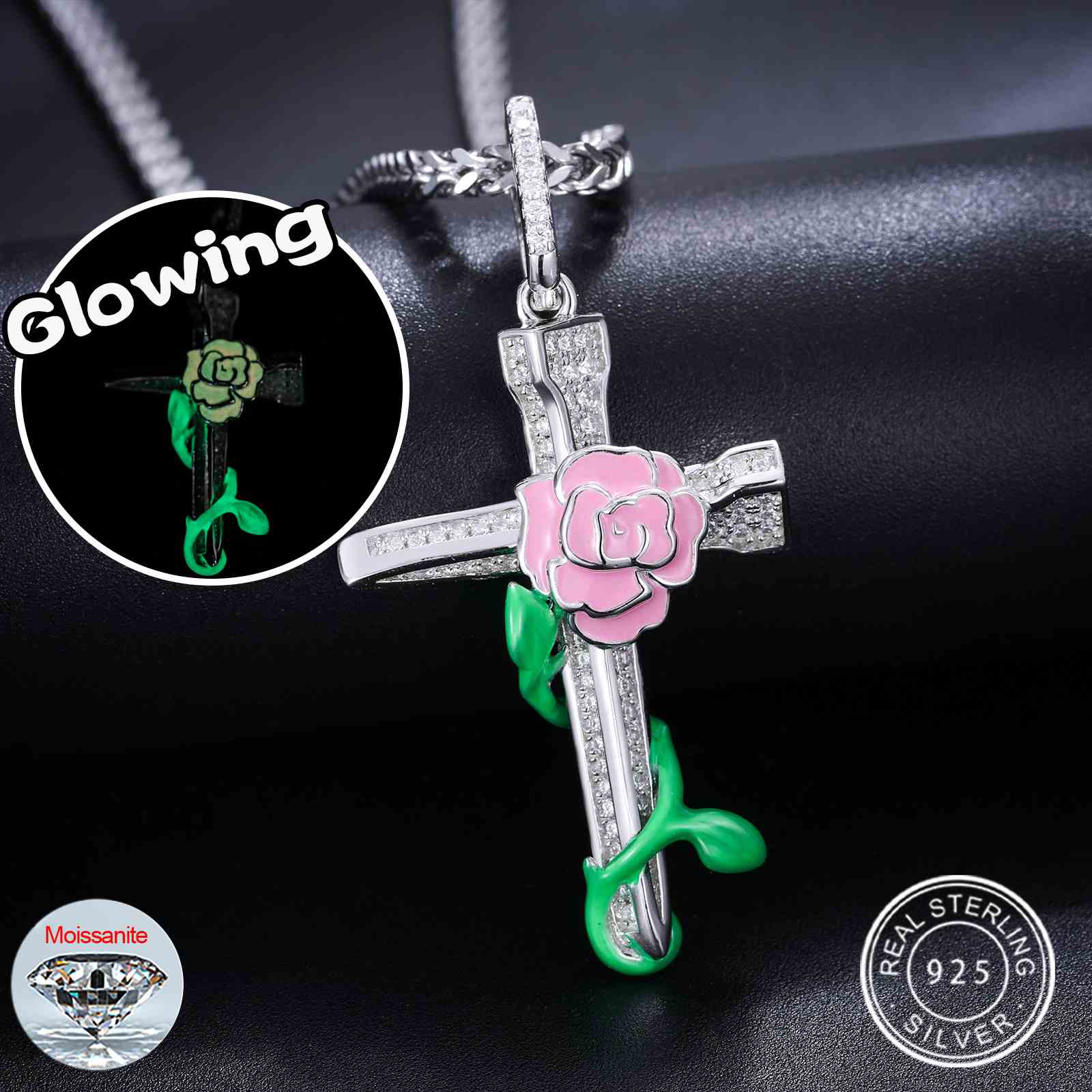 Glow In The Dark Rose Flower Cross Pendant
