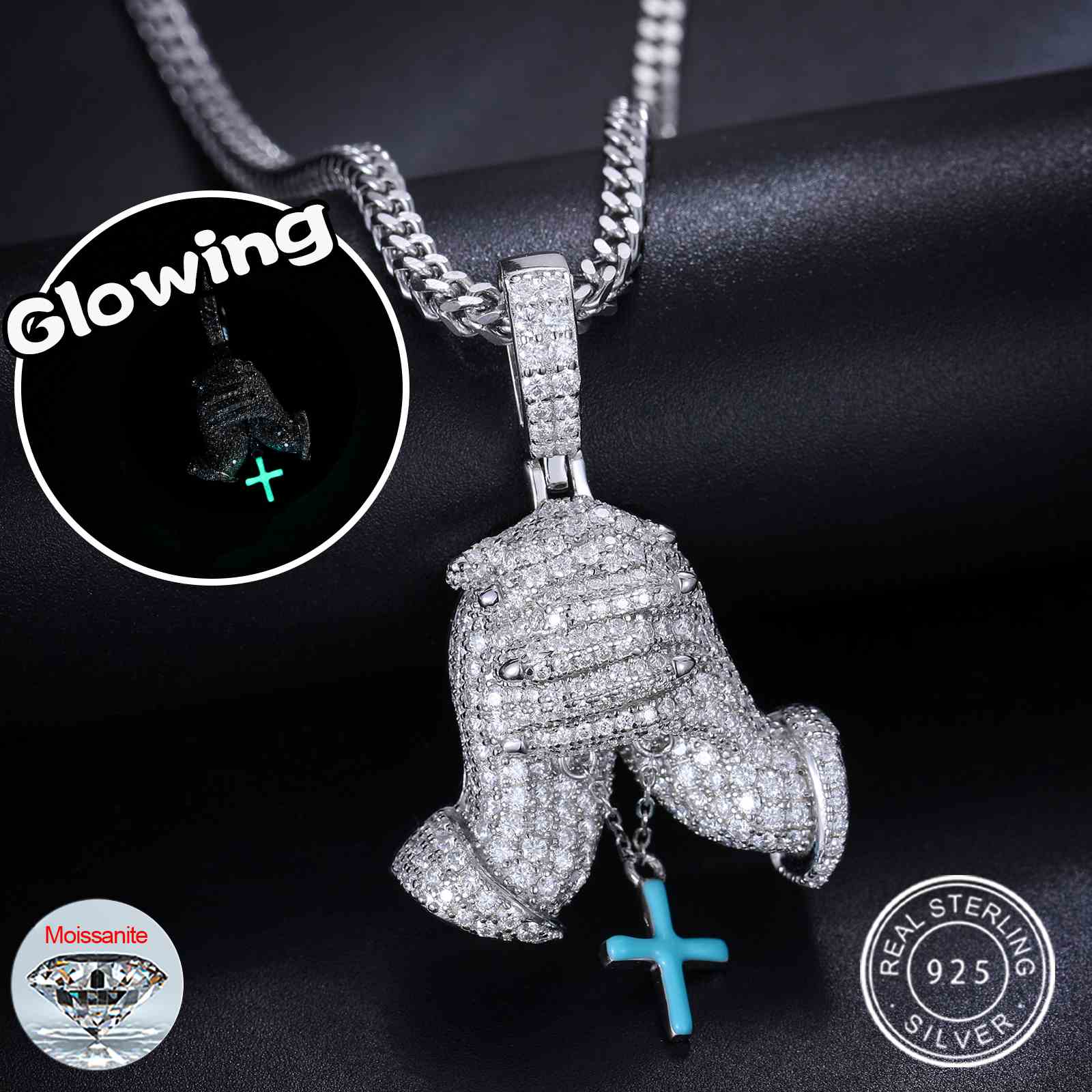 Pray Hand Pendant With Glowing Cross Charm