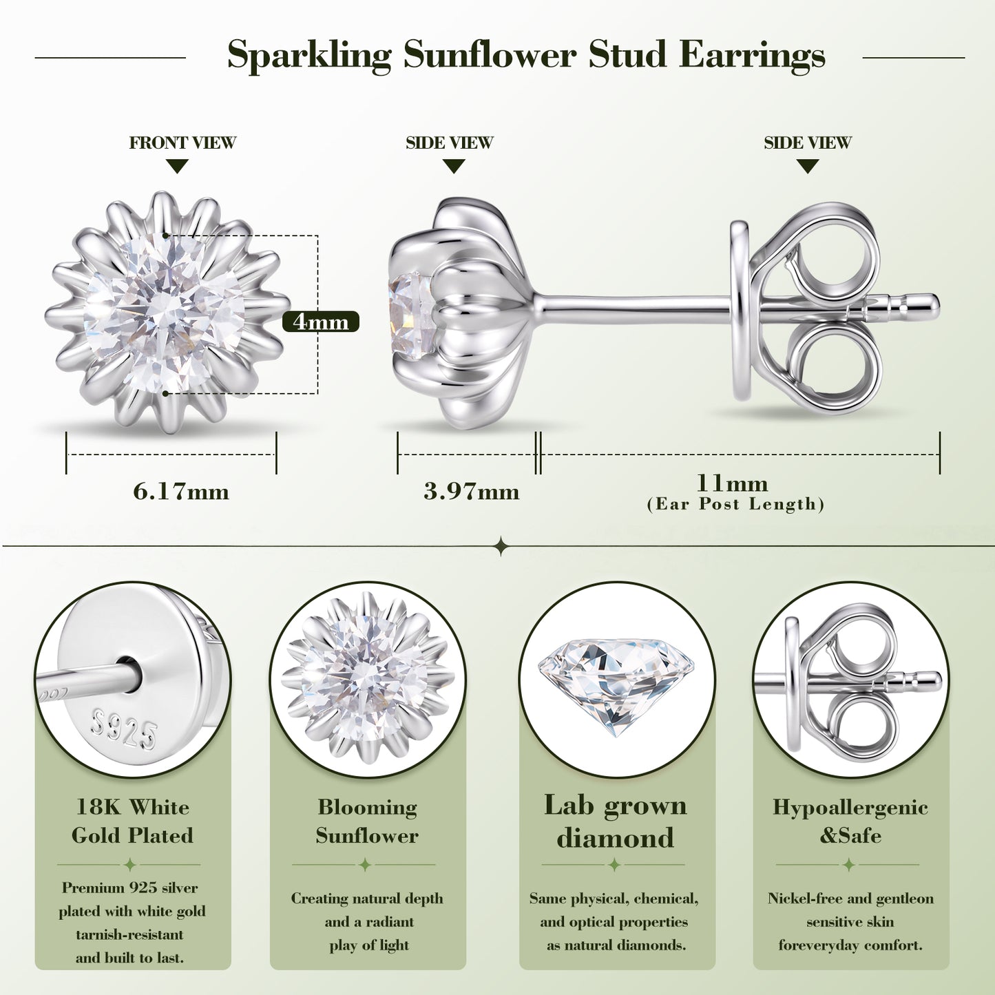 QuenPick Sunflower Lab-Grown Diamond Stud Earrings in 925 Silver