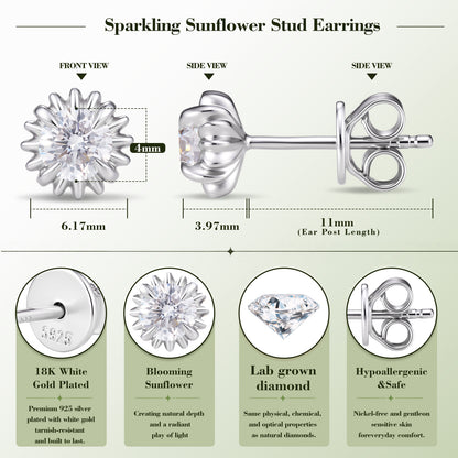 QuenPick Sunflower Lab-Grown Diamond Stud Earrings in 925 Silver