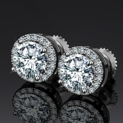 925 Silver Moissanite Milgrain Halo Screw Back Stud Earrings TQE0103