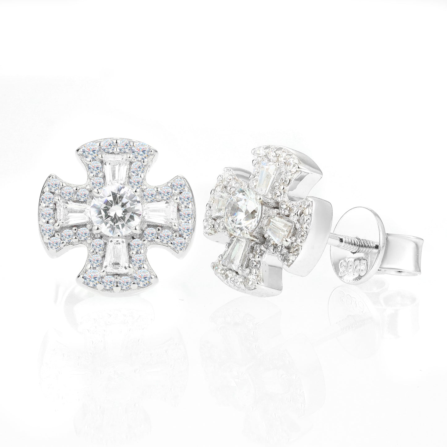 925 Silver Moissanite Maltese Cross Baguette Stud Earrings TQE0567