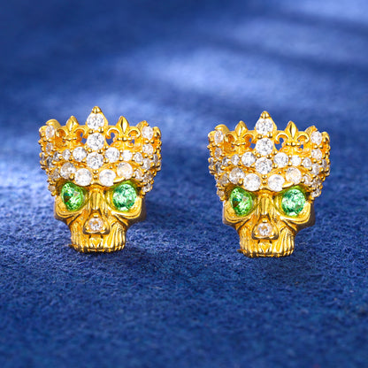 925 Silver Moissanite Green Eye Crown Skull Stud Earrings TQE0609