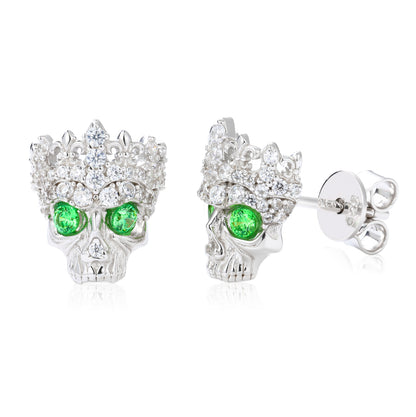 925 Silver Moissanite Green Eye Crown Skull Stud Earrings TQE0609