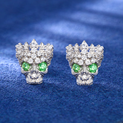 925 Silver Moissanite Green Eye Crown Skull Stud Earrings TQE0609