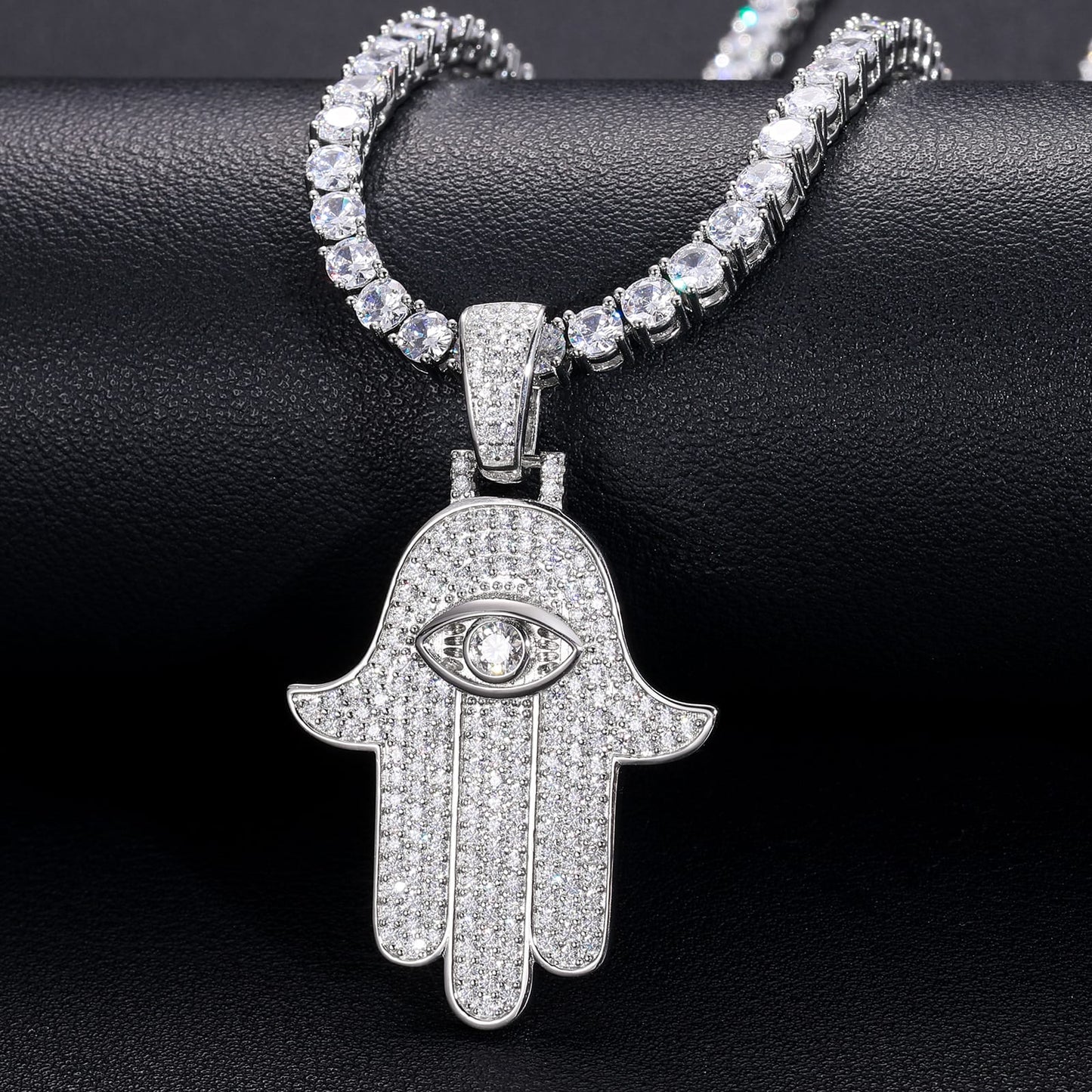 925 Silver Moissanite Iced Out Hamsa Hand Pendant TQP0191