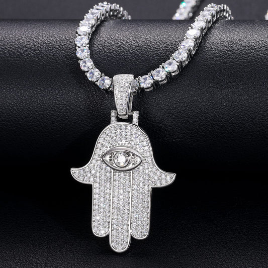 925 Silver Moissanite Iced Out Hamsa Hand Pendant TQP0191
