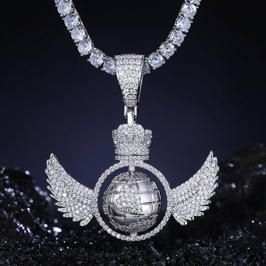 925 Silver Moissanite Crowned Globe Wing Pendant TQP0267