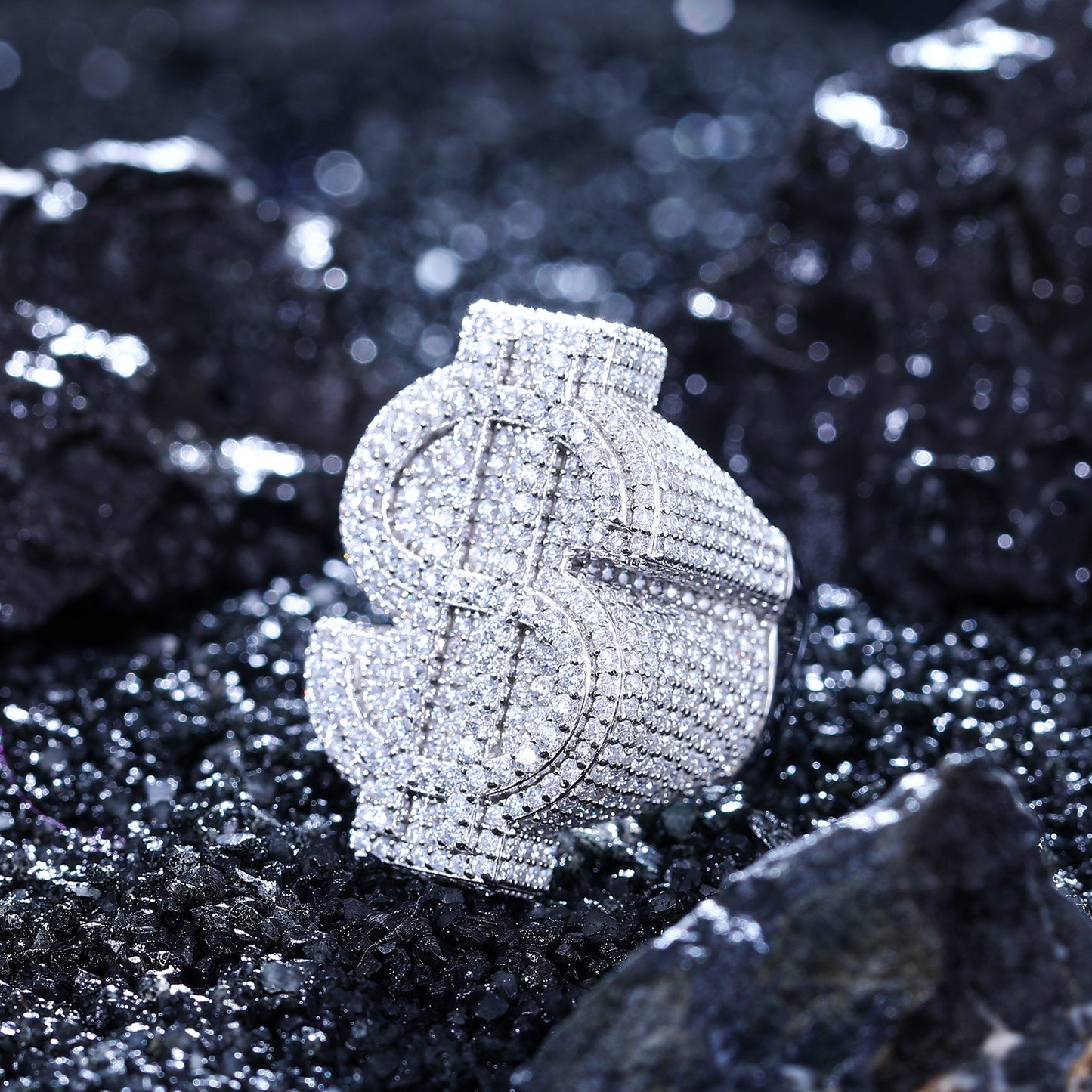 925 Silver Moissanite Dollar Sign Statement Ring for Men TQR0066