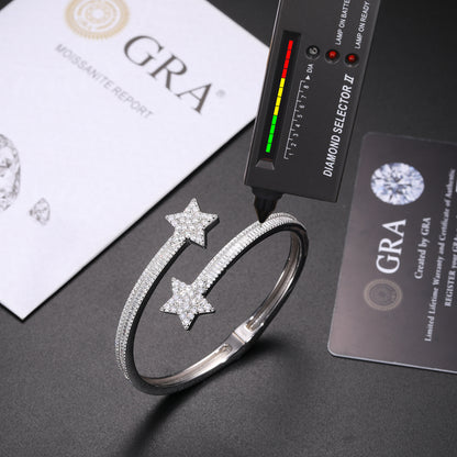 925 Silver Moissanite Double Star Open Bangle Bracelet TQB0156