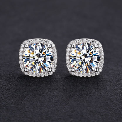 925 Silver Moissanite Square Cushion Halo Stud Earrings TQE0207
