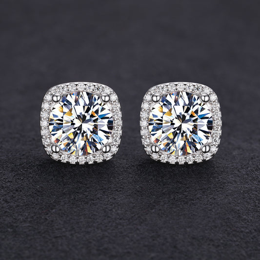 925 Silver Moissanite Square Cushion Halo Stud Earrings TQE0207