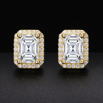 925 Silver Moissanite Emerald Cut Halo Stud Earrings TQE0185