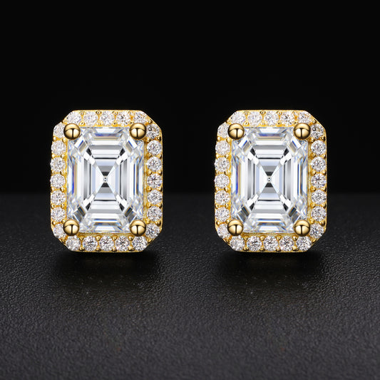 925 Silver Moissanite Emerald Cut Halo Stud Earrings TQE0185
