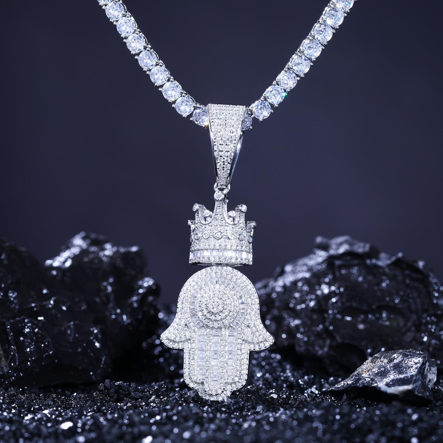 925 Silver Moissanite Crown Hamsa Pendant TQP0288