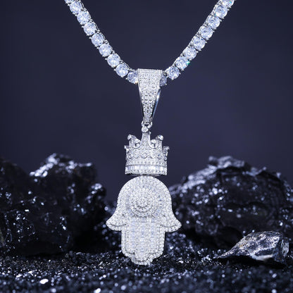 925 Silver Moissanite Crown Hamsa Pendant TQP0288