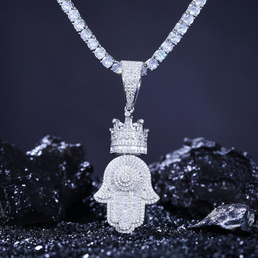 925 Silver Moissanite Crown Hamsa Pendant TQP0288