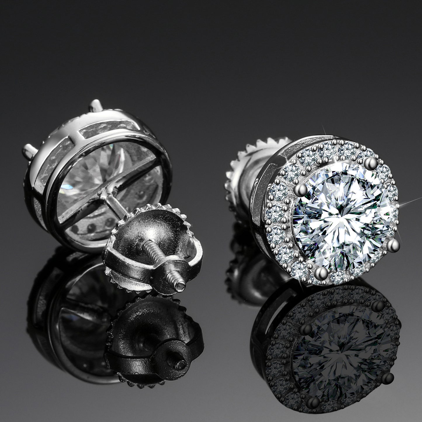 925 Silver Moissanite Milgrain Halo Screw Back Stud Earrings TQE0103