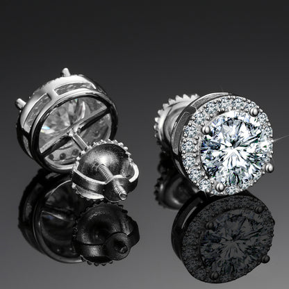 925 Silver Moissanite Milgrain Halo Screw Back Stud Earrings TQE0103