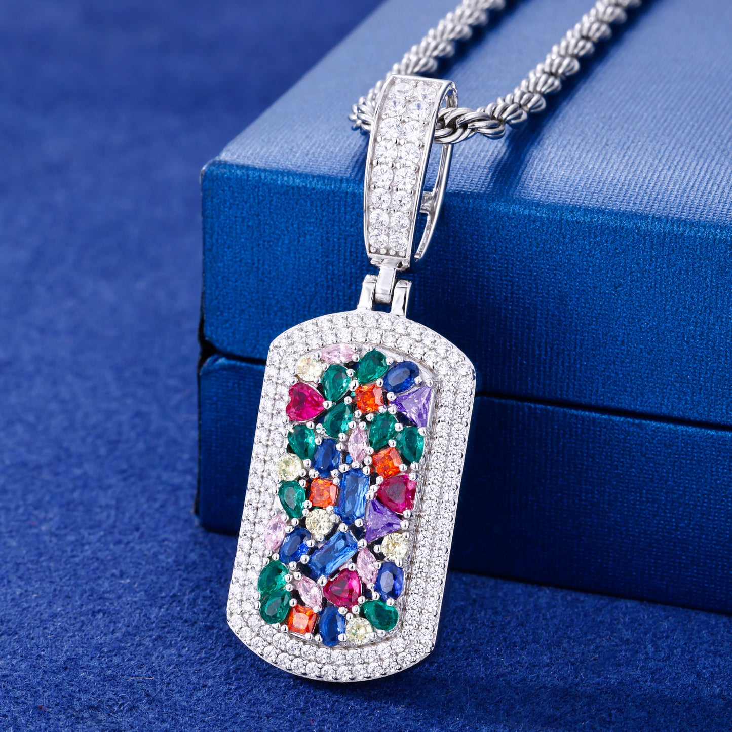925 Silver Moissanite Multicolor Gem Plaque Pendant TQP0797