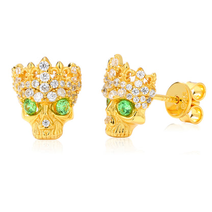 925 Silver Moissanite Green Eye Crown Skull Stud Earrings TQE0609