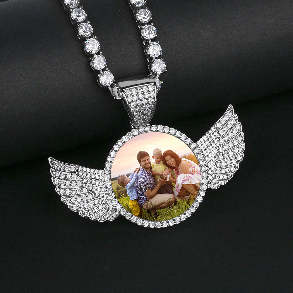 Custom Photo Wing Pendant Iced Picture Frame Jewelry CZP0172