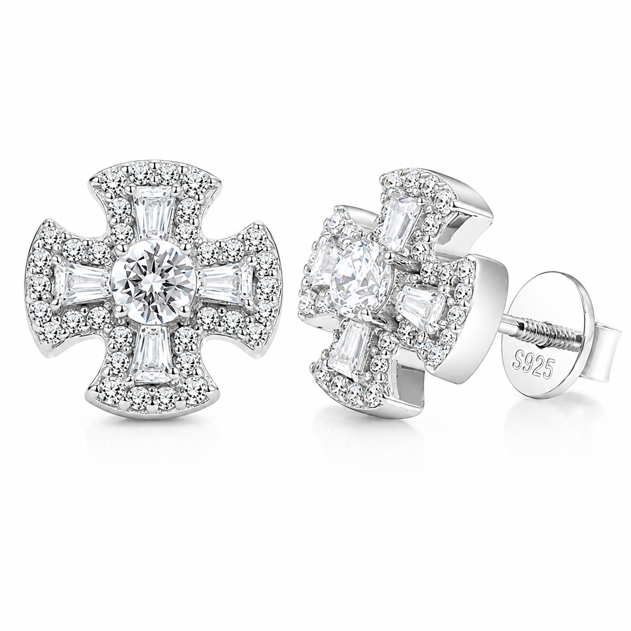 925 Silver Moissanite Maltese Cross Baguette Stud Earrings TQE0567